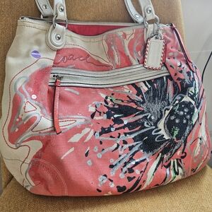 Authentic Coach Poppyl Canvas Tote Bag - Coral Qith Glitter